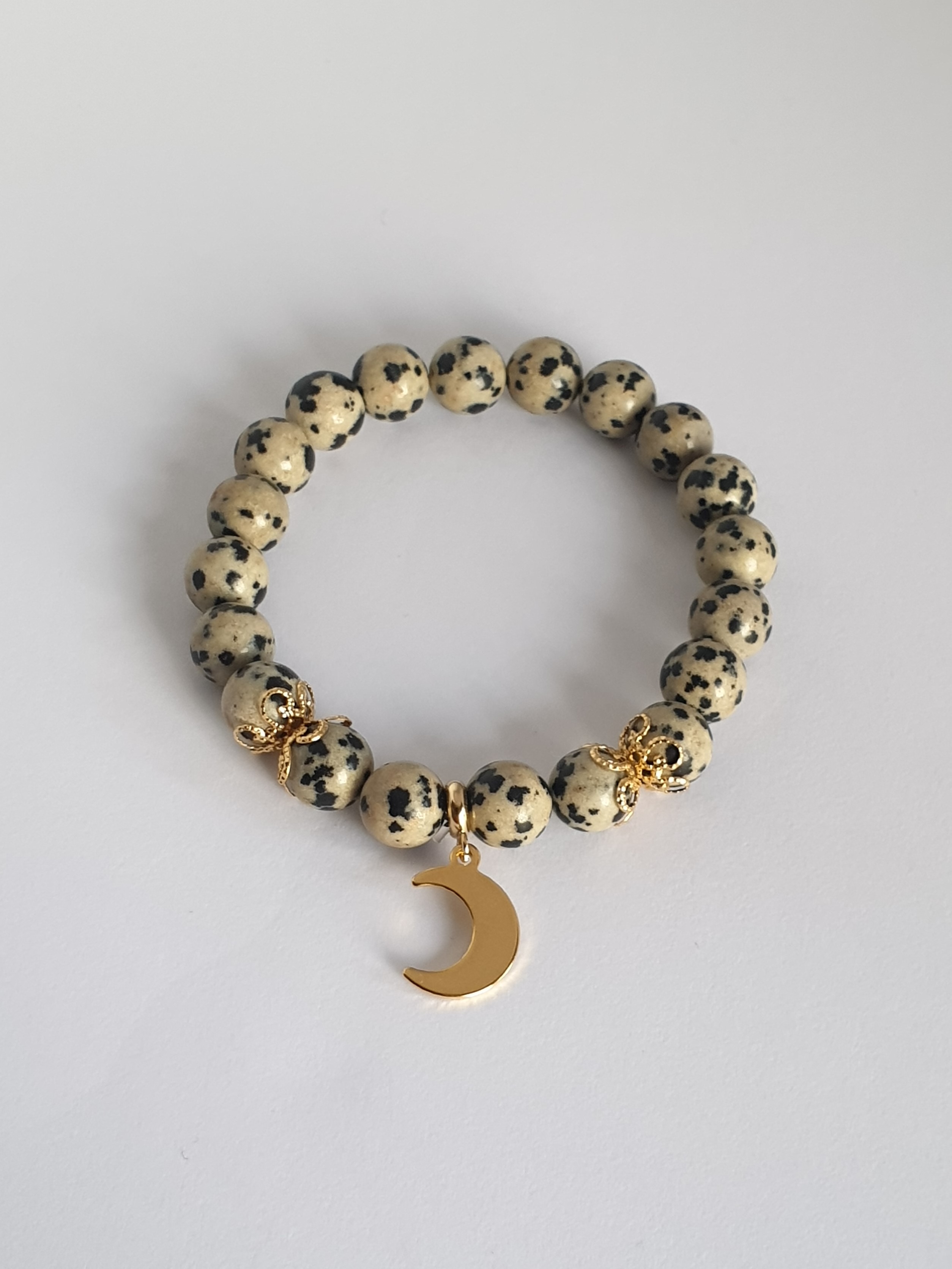 Bracelet Perle JASPE DALMATIEN et Lune dorée