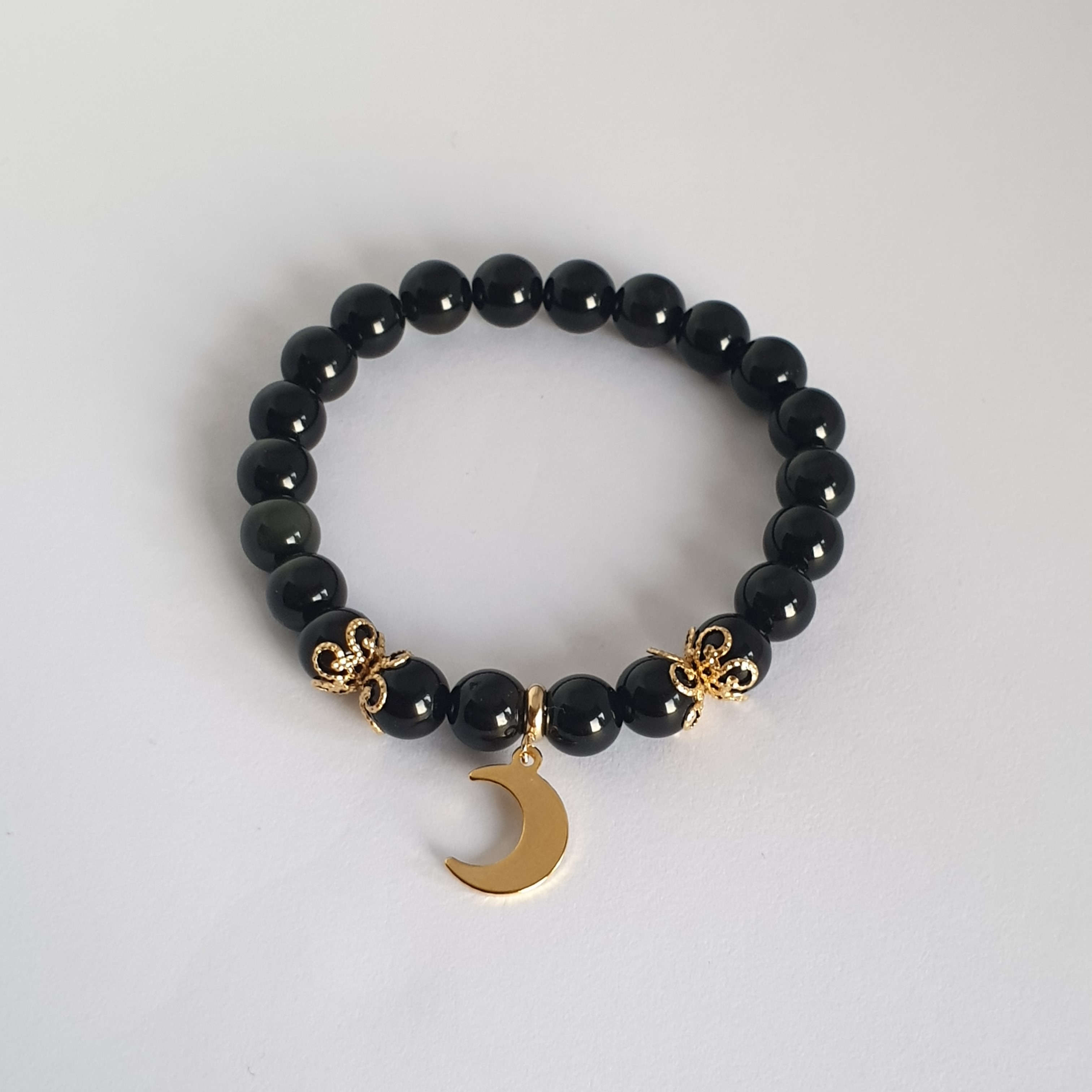 Bracelet Perle OBSIDIENNE et Lune dorée