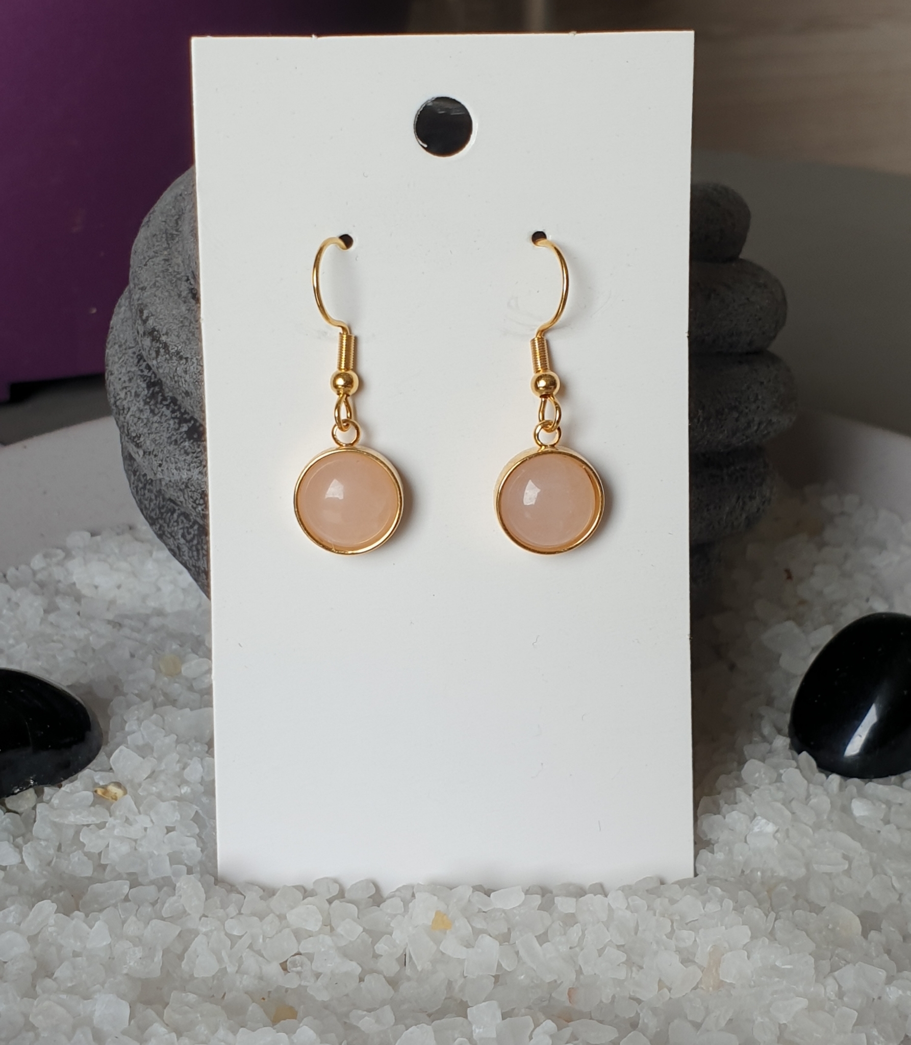 Boucles d'oreilles dorées à l'or fin en QUARTZ ROSE