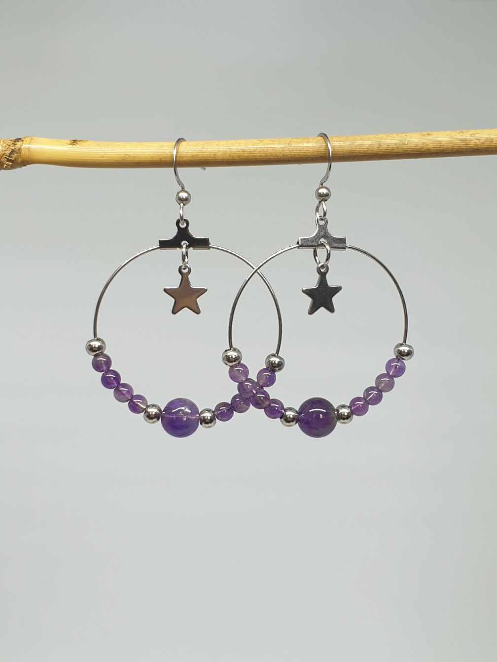 Créoles en Améthyste naturelle & Étoile argentée - Boucles d'Oreilles Artisanales