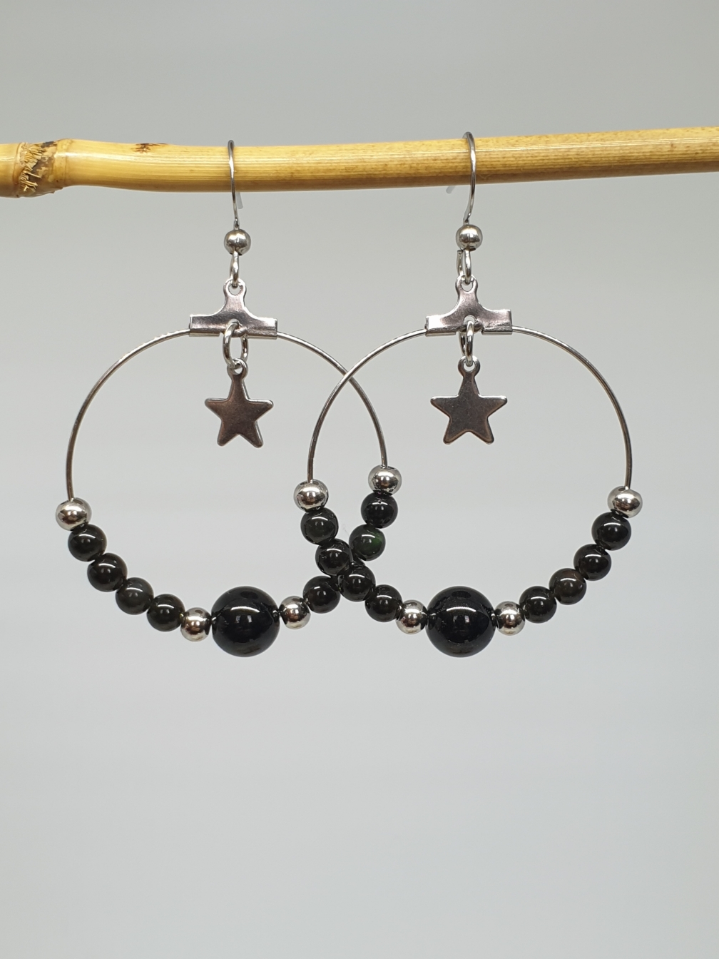 Créoles en Obsidienne naturelle & Étoile argentée - Boucles d'Oreilles Artisanales 