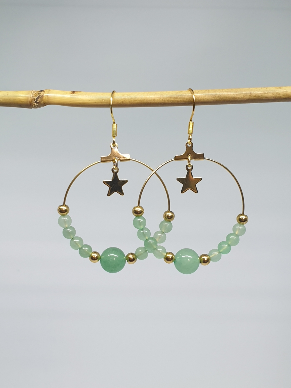 Créoles en Aventurine Verte naturelle & Étoile dorée - Boucles d'Oreilles Artisanales