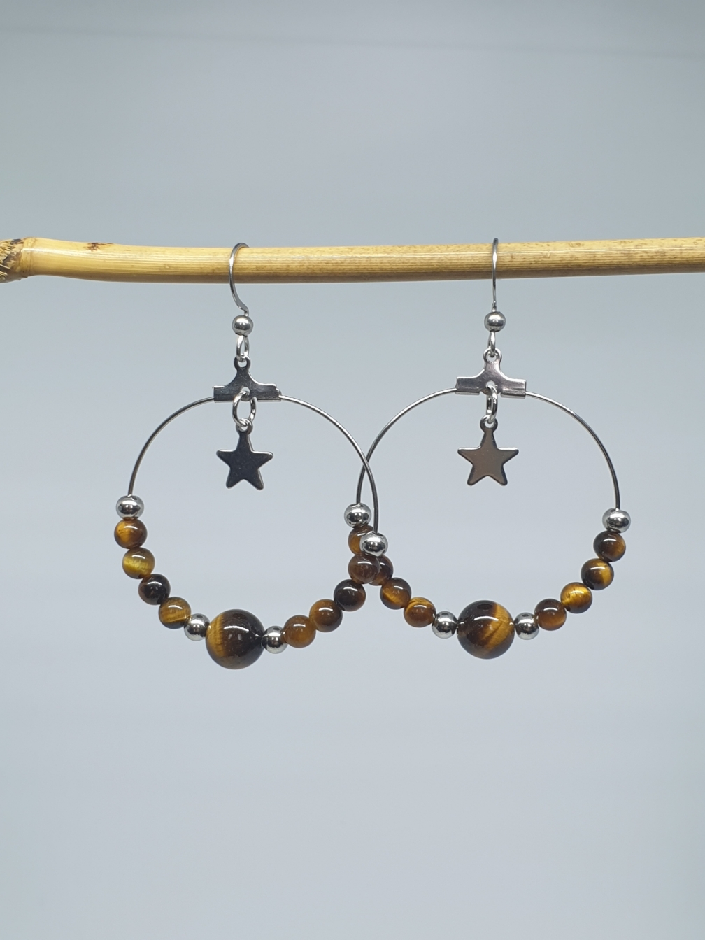 Créoles en Œil de Tigre naturel & Étoile argentée - Boucles d'Oreilles Artisanales