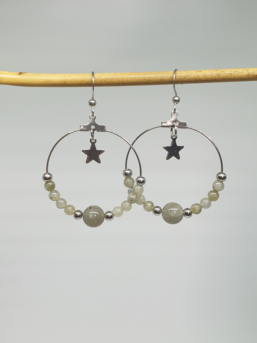 Créoles en Labradorite naturelle & Étoile argentée - Boucles d'Oreilles Artisanales