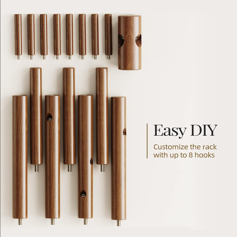 Sturdy Wooden Coat Tree with 8 Hooks, 3 Adjustable Sizes for Clothes, Hat Stand Used in Bedroom/Office/Entryway, Brown