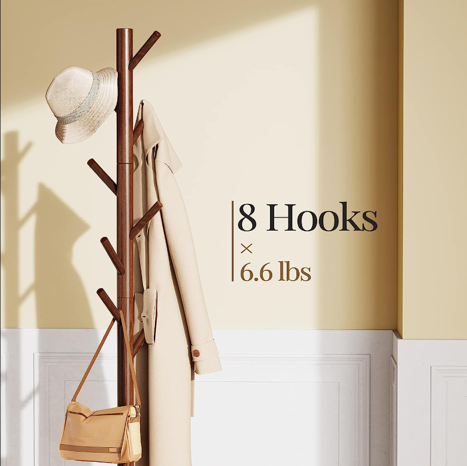 Sturdy Wooden Coat Tree with 8 Hooks, 3 Adjustable Sizes for Clothes, Hat Stand Used in Bedroom/Office/Entryway, Brown