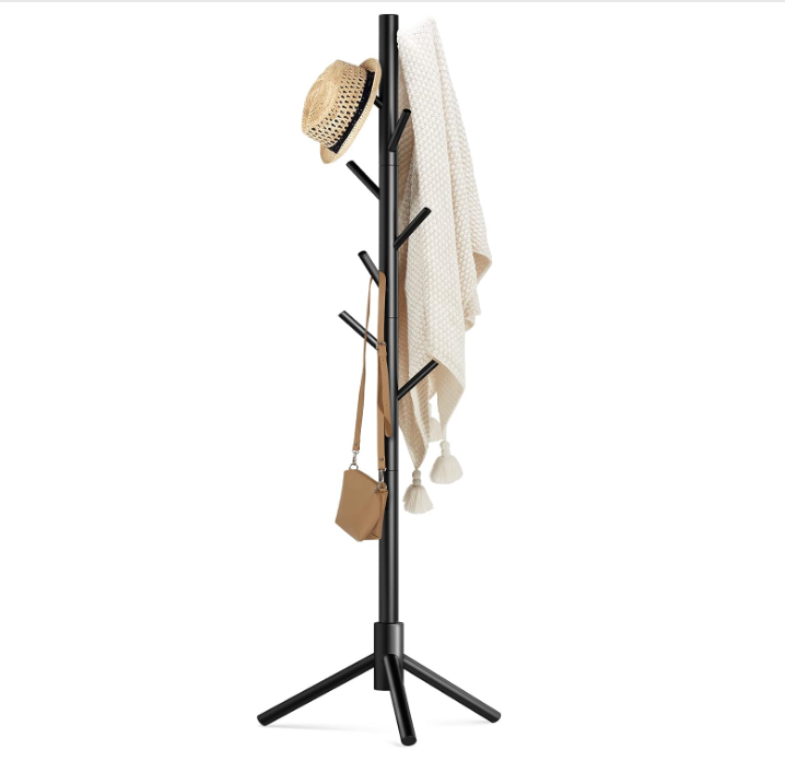Wooden Coat Rack Stand with 8 Hooks New Zealand Pine Adjustable Coat Standing Tree Easy Assembly for Coats, Hats, Scarves and Handbags for Entryway, Hallway, Bedroom, Office