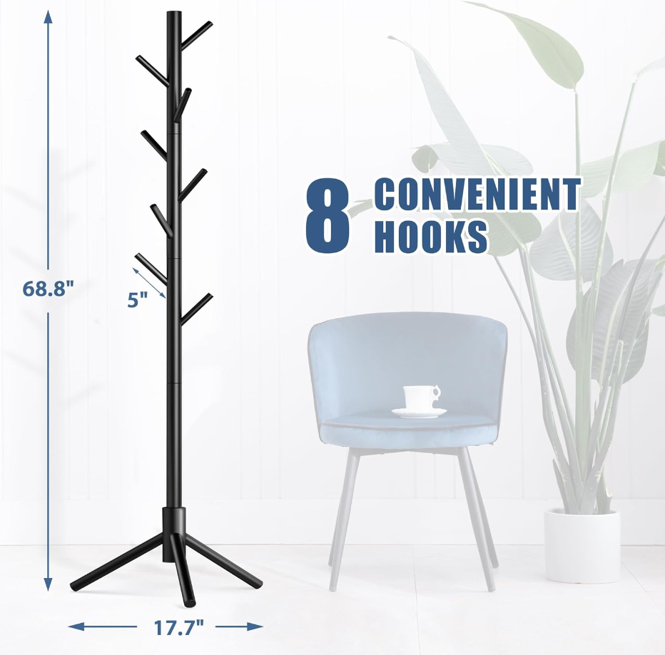Wooden Coat Rack Stand with 8 Hooks New Zealand Pine Adjustable Coat Standing Tree Easy Assembly for Coats, Hats, Scarves and Handbags for Entryway, Hallway, Bedroom, Office