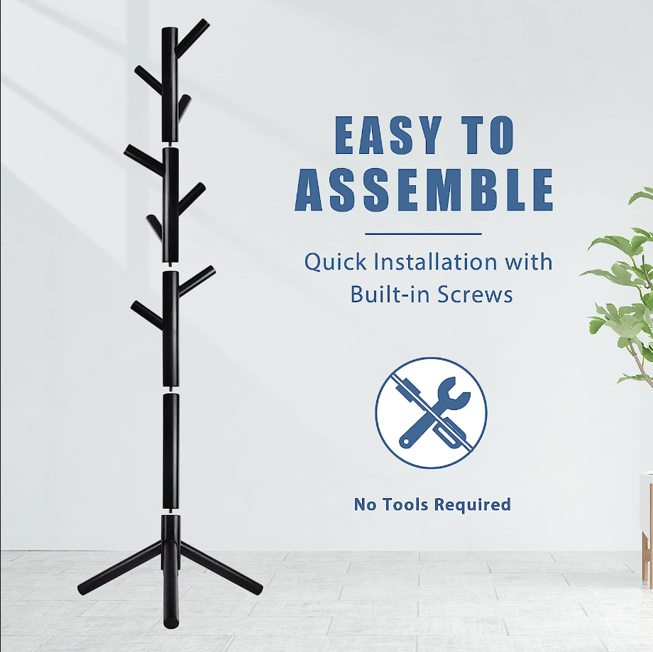 Wooden Coat Rack Stand with 8 Hooks New Zealand Pine Adjustable Coat Standing Tree Easy Assembly for Coats, Hats, Scarves and Handbags for Entryway, Hallway, Bedroom, Office