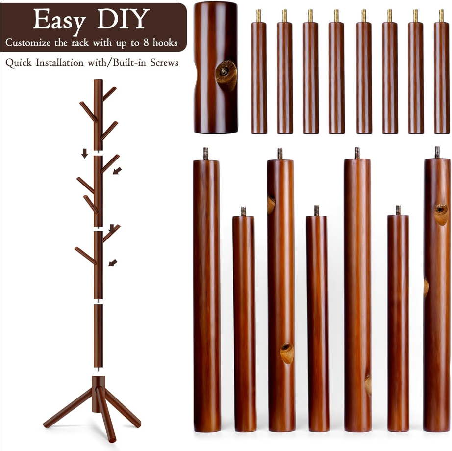 Coat Rack,High-Grade Wooden Coat Rack with 8 Hooks and 3 Adjustable Size Freestanding Coat Racks for Bedroom, Hallway, Entrance, Office, for Hats, Coats, Scarves, Handbags