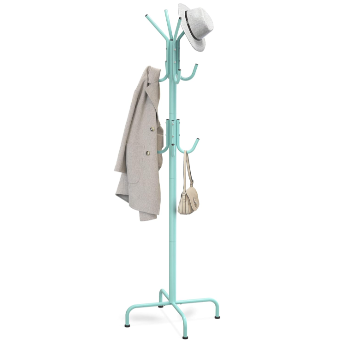 Standing Coat and Hat Hanger Organizer Rack, 12 Hooks Turquoise