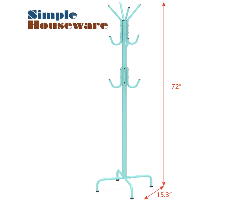 Standing Coat and Hat Hanger Organizer Rack, 12 Hooks Turquoise