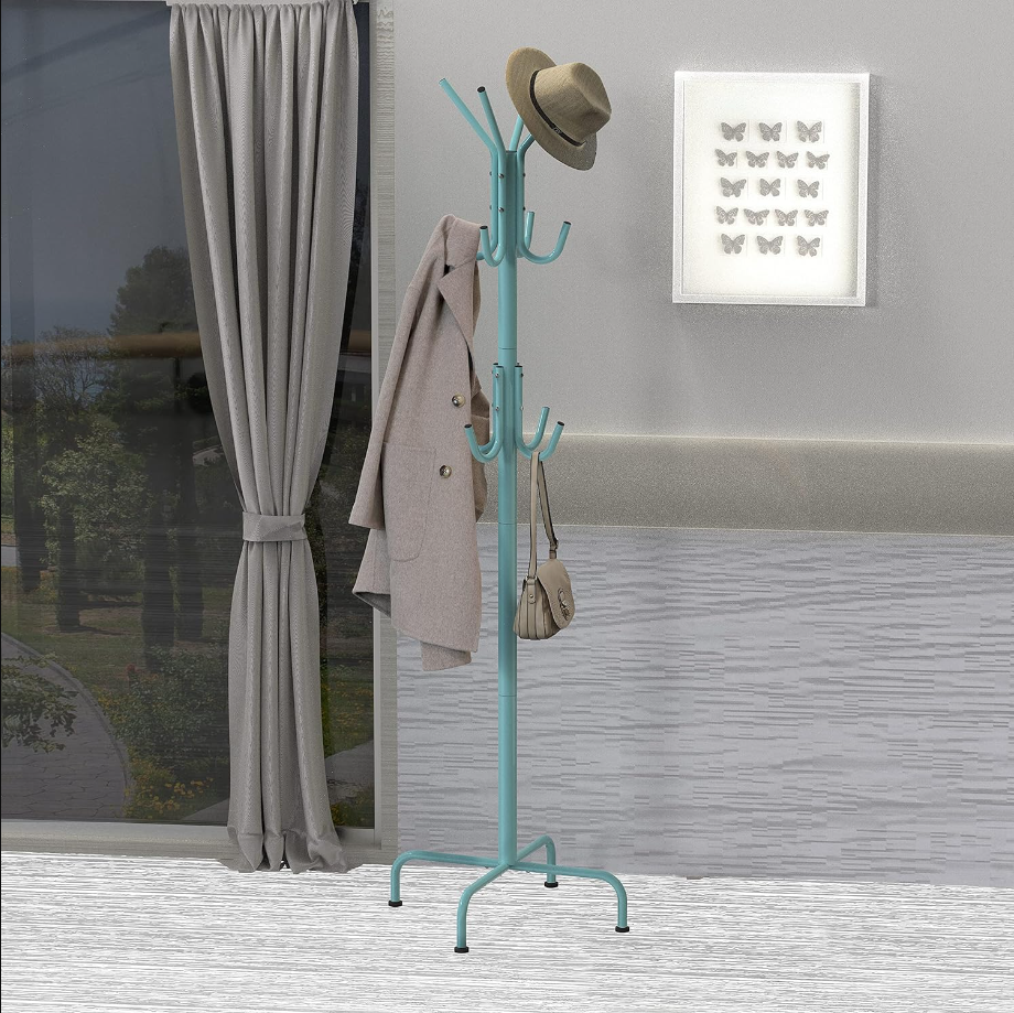 Standing Coat and Hat Hanger Organizer Rack, 12 Hooks Turquoise