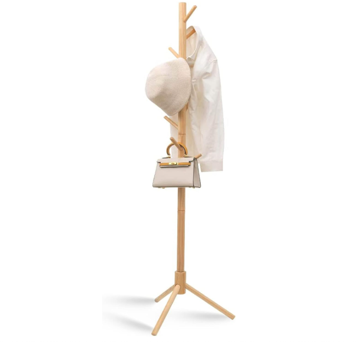 Coat Rack Freestanding, Pure Natural Solid Wooden Coat Tree, 8 Hooks And Adjustable Height Floor Hanger, Used In The Bedroom Living Room Office To Hang Clothes, Hats, Bags