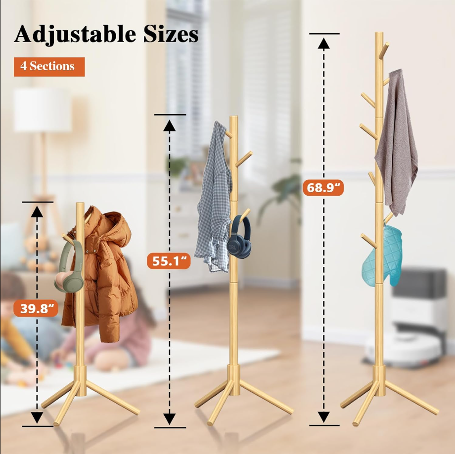 Coat Rack Freestanding, Pure Natural Solid Wooden Coat Tree, 8 Hooks And Adjustable Height Floor Hanger, Used In The Bedroom Living Room Office To Hang Clothes, Hats, Bags