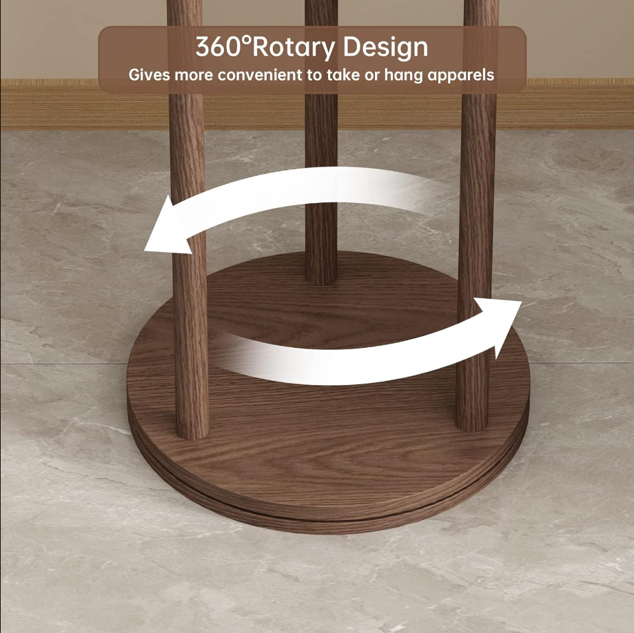 Coat Rack Stand with 3 Shelves and 9 Hooks Rotary Freestanding,FAS Grade Rubber Wood, Sturdy and Easy Assembly Wooden Coat Tree (Walnut)
