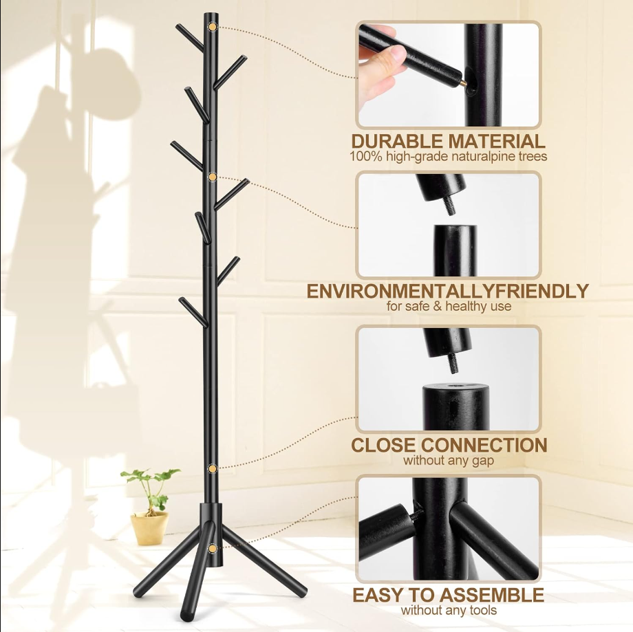 Coat Rack, Freestanding Coat Rack with 8 Hooks and 3 Adjustable Size Tree Coat Racks for Bedroom, Hallway, Entrance, Office, for Hats, Coats, Scarves, Handbags