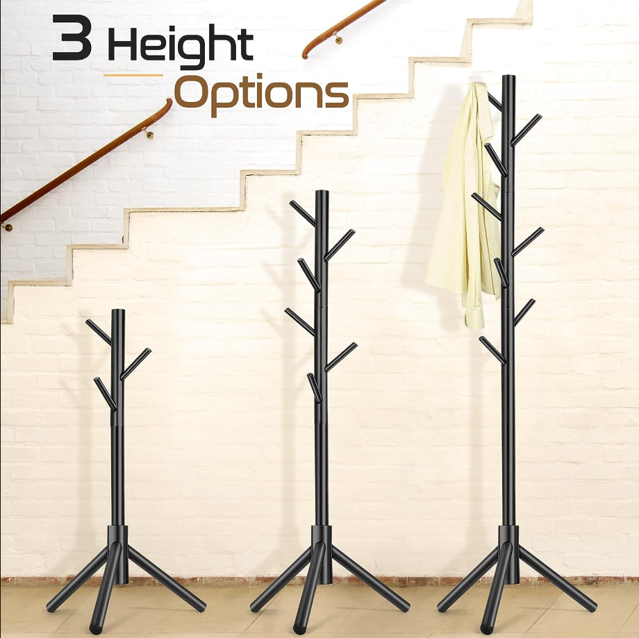 Coat Rack, Freestanding Coat Rack with 8 Hooks and 3 Adjustable Size Tree Coat Racks for Bedroom, Hallway, Entrance, Office, for Hats, Coats, Scarves, Handbags
