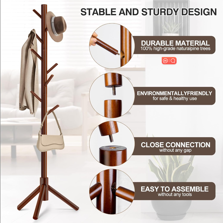 Coat Rack Freestanding with 8 Hooks 3 Adjustable Height Coat Racks Wooden Coat Tree Easy Assembly for Entryway, Bedroom, Hallway, Dormitory,Office
