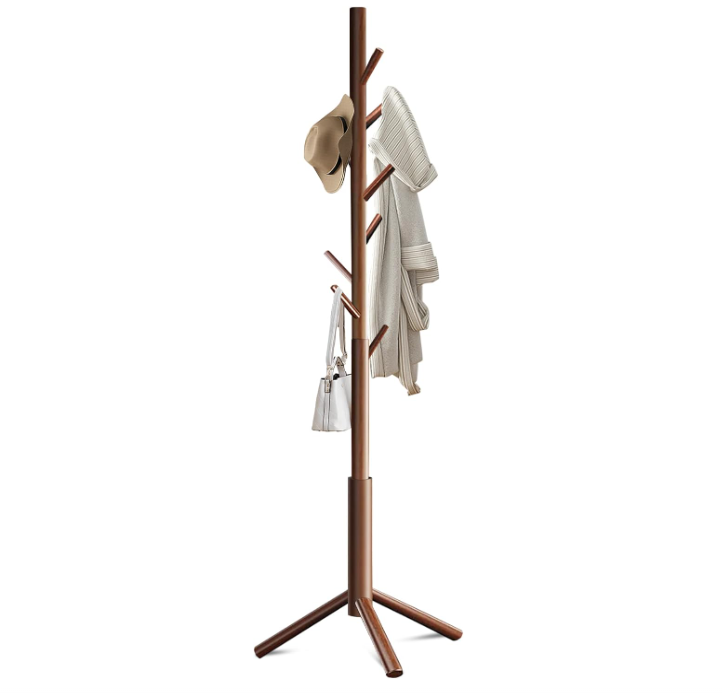 Coat Rack Freestanding with 8 Hooks 3 Adjustable Height Coat Racks Stand Clothing Hanger Stand Wooden Coat Tree Easy Assembly for Entryway, Bedroom, Hallway, Dormitory,Office Cherry