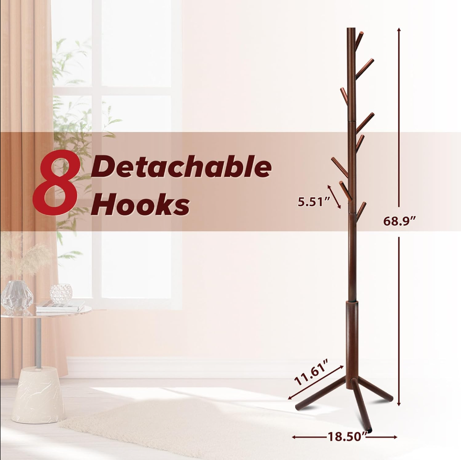 Coat Rack Freestanding with 8 Hooks 3 Adjustable Height Coat Racks Stand Clothing Hanger Stand Wooden Coat Tree Easy Assembly for Entryway, Bedroom, Hallway, Dormitory,Office Cherry