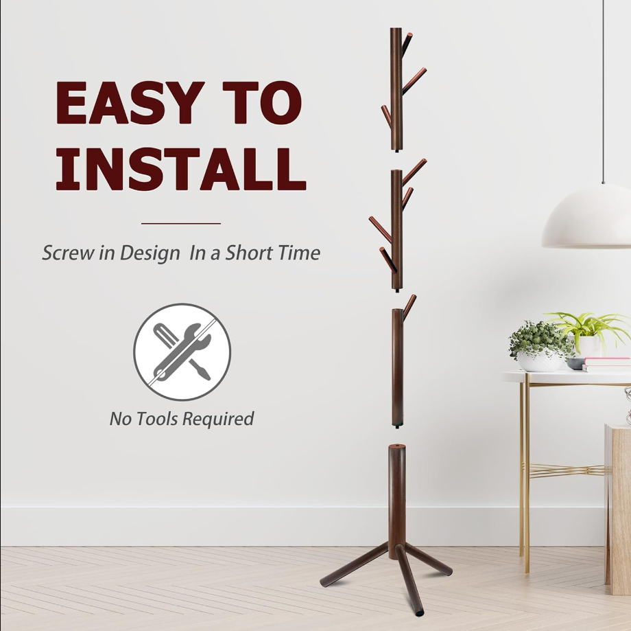 Coat Rack Freestanding with 8 Hooks 3 Adjustable Height Coat Racks Stand Clothing Hanger Stand Wooden Coat Tree Easy Assembly for Entryway, Bedroom, Hallway, Dormitory,Office Cherry