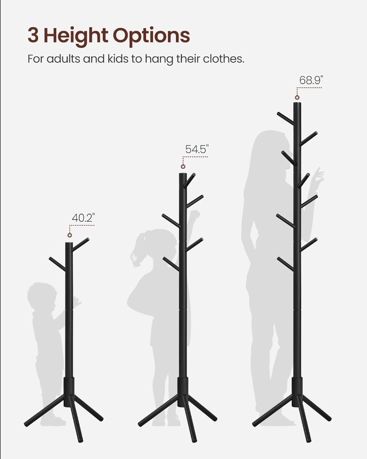 Solid Wood Coat Rack, Free Standing Coat Rack, Tree-Shaped Coat Rack with 8 Hooks, 3 Height Options, for Clothes, Hats, Bags, for Living Room, Bedroom, Home Office, Black URCR04BK