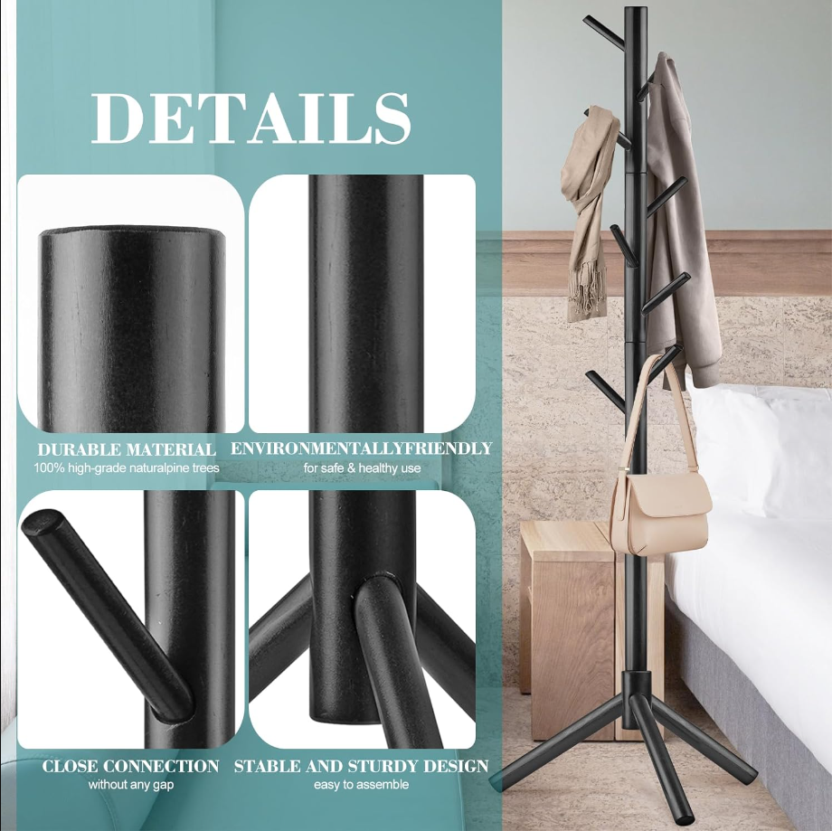 Free Standing Coat Rack, Solid Wood Coat Rack with 8 Hooks, 3 Height Options, for Clothes, Hats, Bags, for Living Room, Bedroom, Office