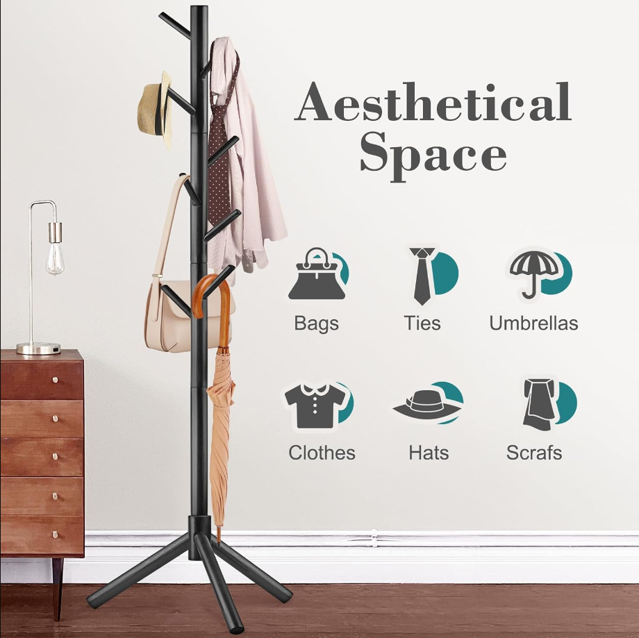 Free Standing Coat Rack, Solid Wood Coat Rack with 8 Hooks, 3 Height Options, for Clothes, Hats, Bags, for Living Room, Bedroom, Office
