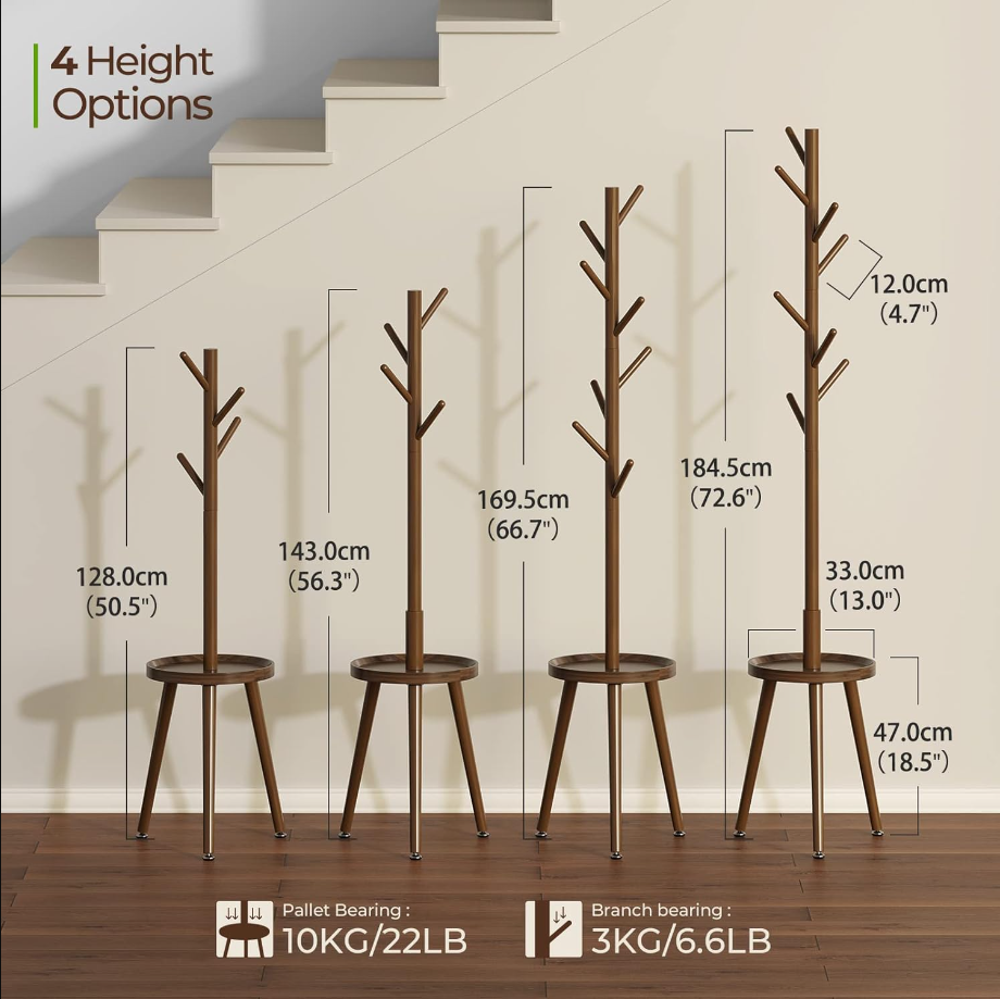  Coat Rack, Wooden Coat Rack Freestanding with Shelf, Coat Tree with 4 Height Options 50.5"-72.6" for Clothes/Bag/Hats, Hanger Stand for Entryway/Living Room/Bedroom/Office, Brown