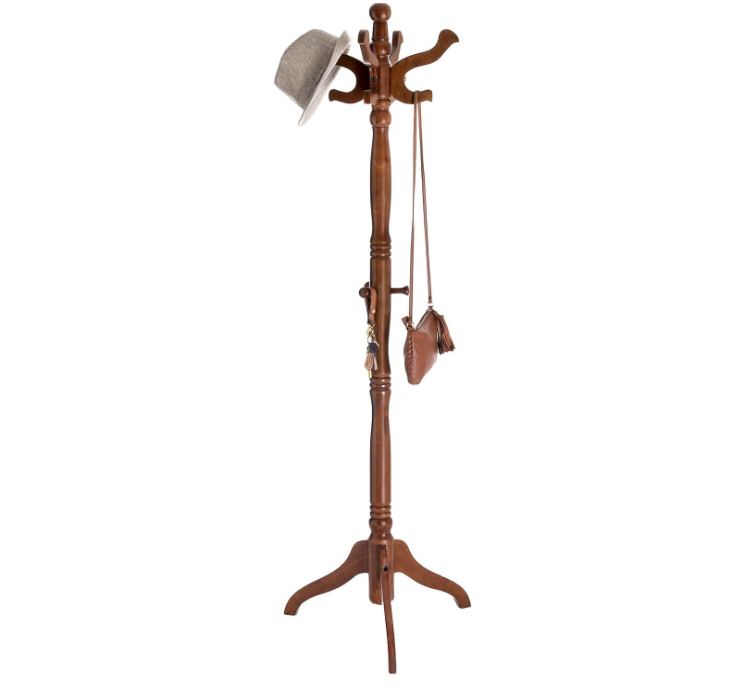 Coat Rack Free Standing with 11 Hooks, Wooden Hall Tree Coat Hat Tree Coat Holder with Solid Rubberwood Base for Coat, Hat, Clothes, Scarves, Handbags, Umbrella, Dark Walnut URCR05WN