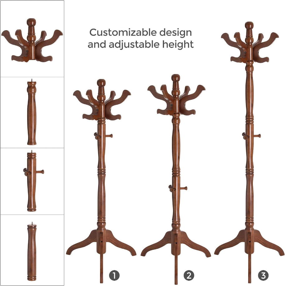 Coat Rack Free Standing with 11 Hooks, Wooden Hall Tree Coat Hat Tree Coat Holder with Solid Rubberwood Base for Coat, Hat, Clothes, Scarves, Handbags, Umbrella, Dark Walnut URCR05WN