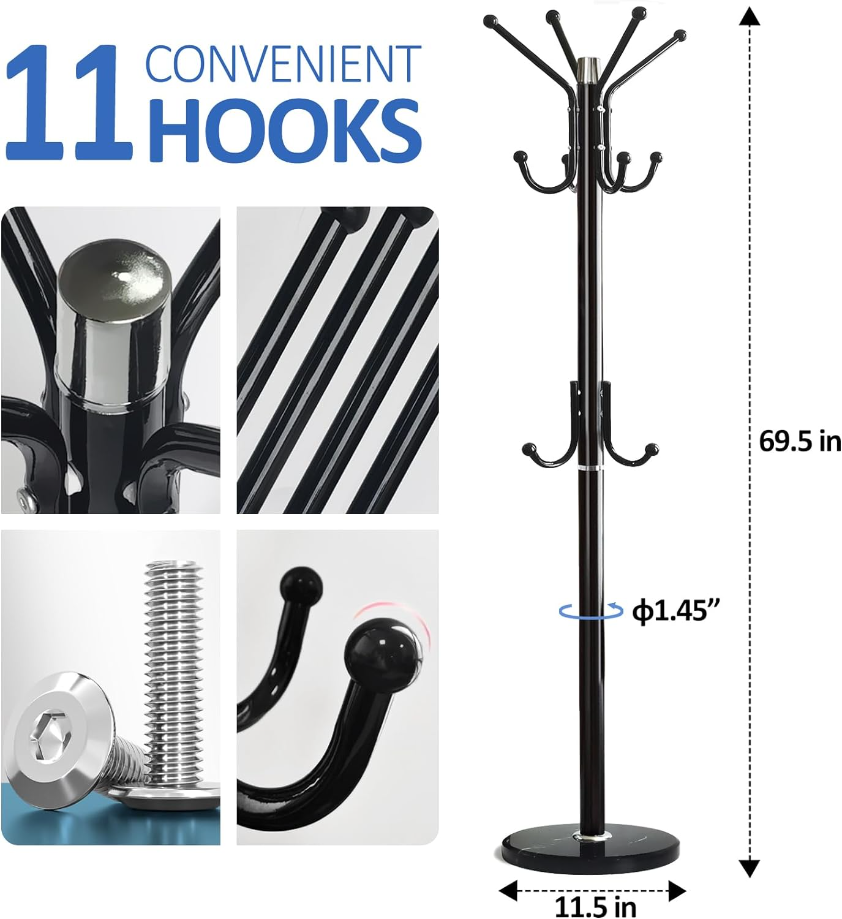 Modern Metal Coat Rack Freestanding with Natural Marble Base, Sturdy Metal Coat Racks Stand with 11 Hooks, Bedroom Coat Tree Hanger, Hall Tree for Clothes Jacket Hat bag Entryway (Black)