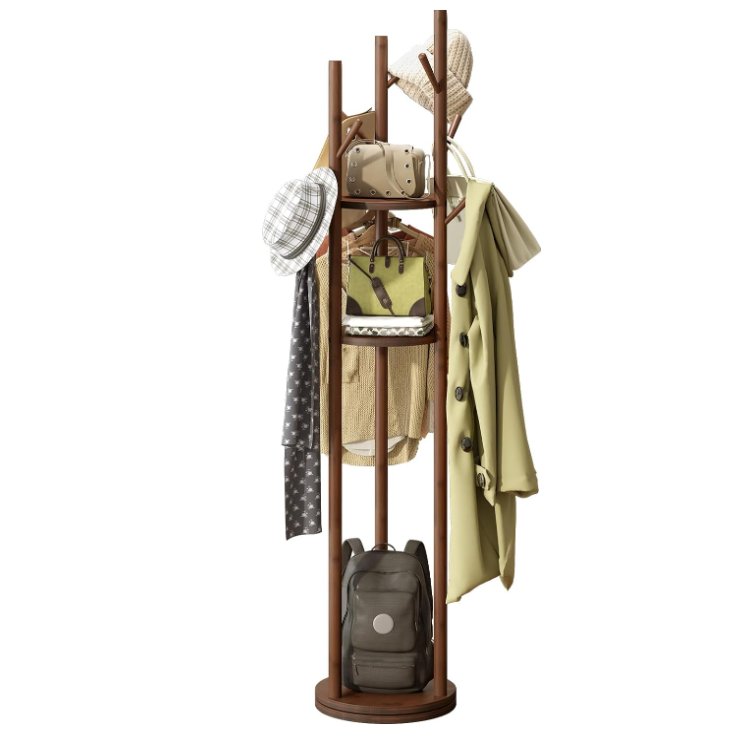 Bamboo Coat Rack Freestanding, Coat Rack Stand with 3 Storage Shelves and 9 Hooks Easy to Assemble Coat Hanger Stand for Bedroom Office Hallway Entryway