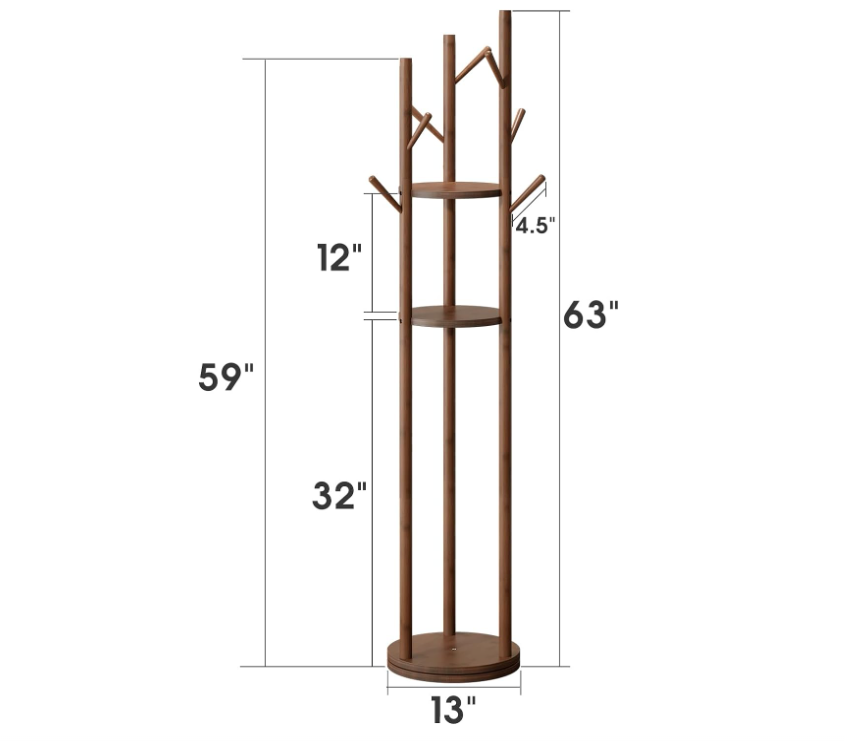 Bamboo Coat Rack Freestanding, Coat Rack Stand with 3 Storage Shelves and 9 Hooks Easy to Assemble Coat Hanger Stand for Bedroom Office Hallway Entryway