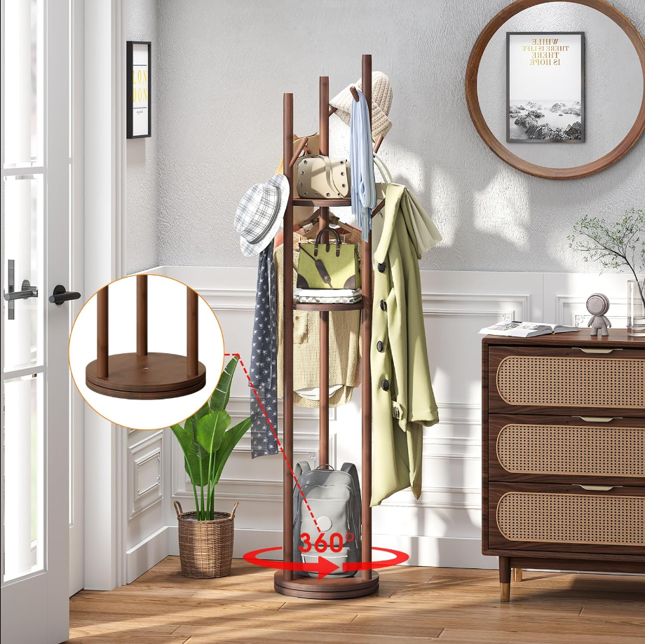 Bamboo Coat Rack Freestanding, Coat Rack Stand with 3 Storage Shelves and 9 Hooks Easy to Assemble Coat Hanger Stand for Bedroom Office Hallway Entryway