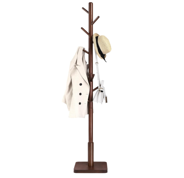 Solid Wood Coat Rack, Wood Hall Tree, Coat Rack Stand with 8 Hooks, Stable Square Base, 3 Height Options, for Living Room, Bedroom, Home Office, Dark Walnut URCR010W01