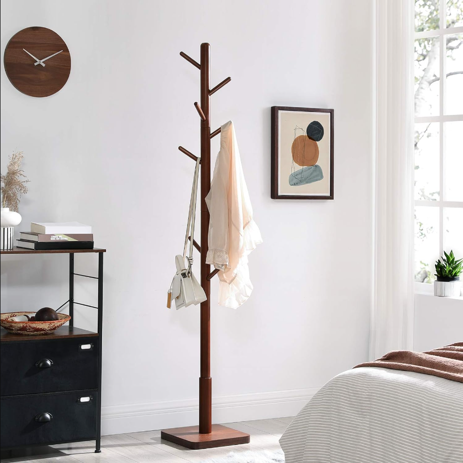 Solid Wood Coat Rack, Wood Hall Tree, Coat Rack Stand with 8 Hooks, Stable Square Base, 3 Height Options, for Living Room, Bedroom, Home Office, Dark Walnut URCR010W01