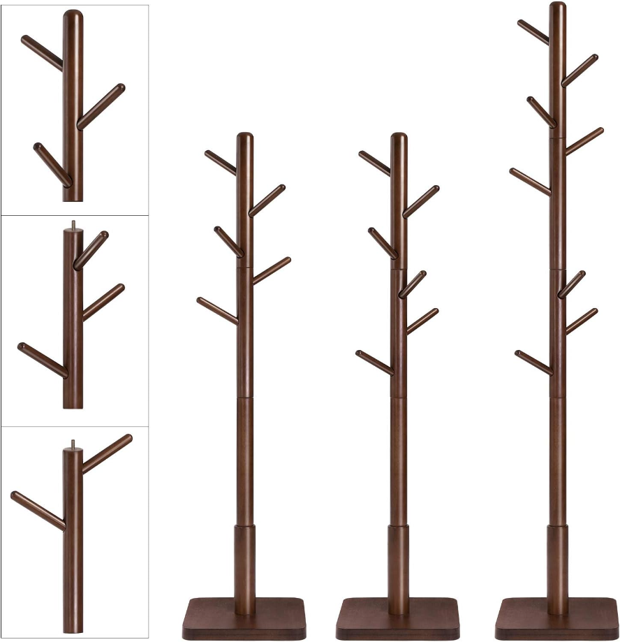 Solid Wood Coat Rack, Wood Hall Tree, Coat Rack Stand with 8 Hooks, Stable Square Base, 3 Height Options, for Living Room, Bedroom, Home Office, Dark Walnut URCR010W01