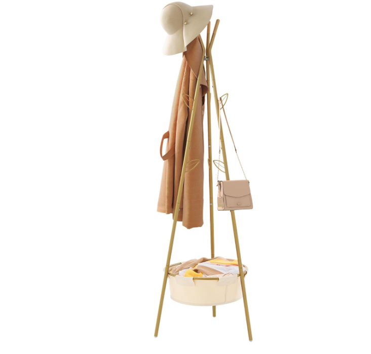 Coat Rack Stand, Coat Tree with Storage Basket and 9 Hooks, Coat Rack Freestanding for Bedroom, Hallway, Office, Coat Hangers Stand for Clothes, Scarves, Hats, Bags, Gold
