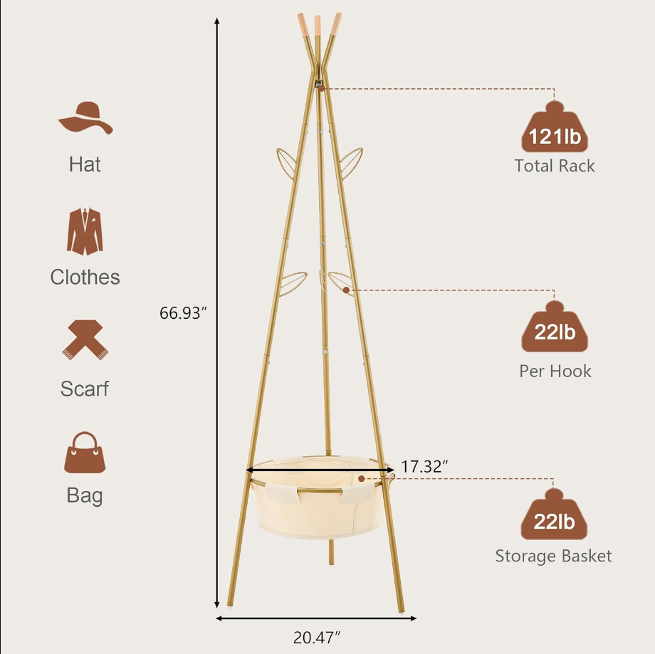 Coat Rack Stand, Coat Tree with Storage Basket and 9 Hooks, Coat Rack Freestanding for Bedroom, Hallway, Office, Coat Hangers Stand for Clothes, Scarves, Hats, Bags, Gold