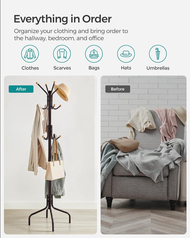 Coat Rack Freestanding, Metal Coat Rack Stand with 12 Hooks and 4 Legs, Coat Tree, Holds Clothes, Hats, and Bags, for Entryway, Living Room, Bedroom