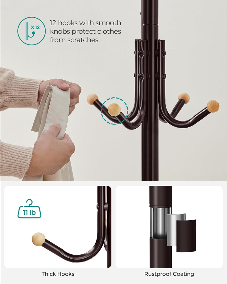 Coat Rack Freestanding, Metal Coat Rack Stand with 12 Hooks and 4 Legs, Coat Tree, Holds Clothes, Hats, and Bags, for Entryway, Living Room, Bedroom