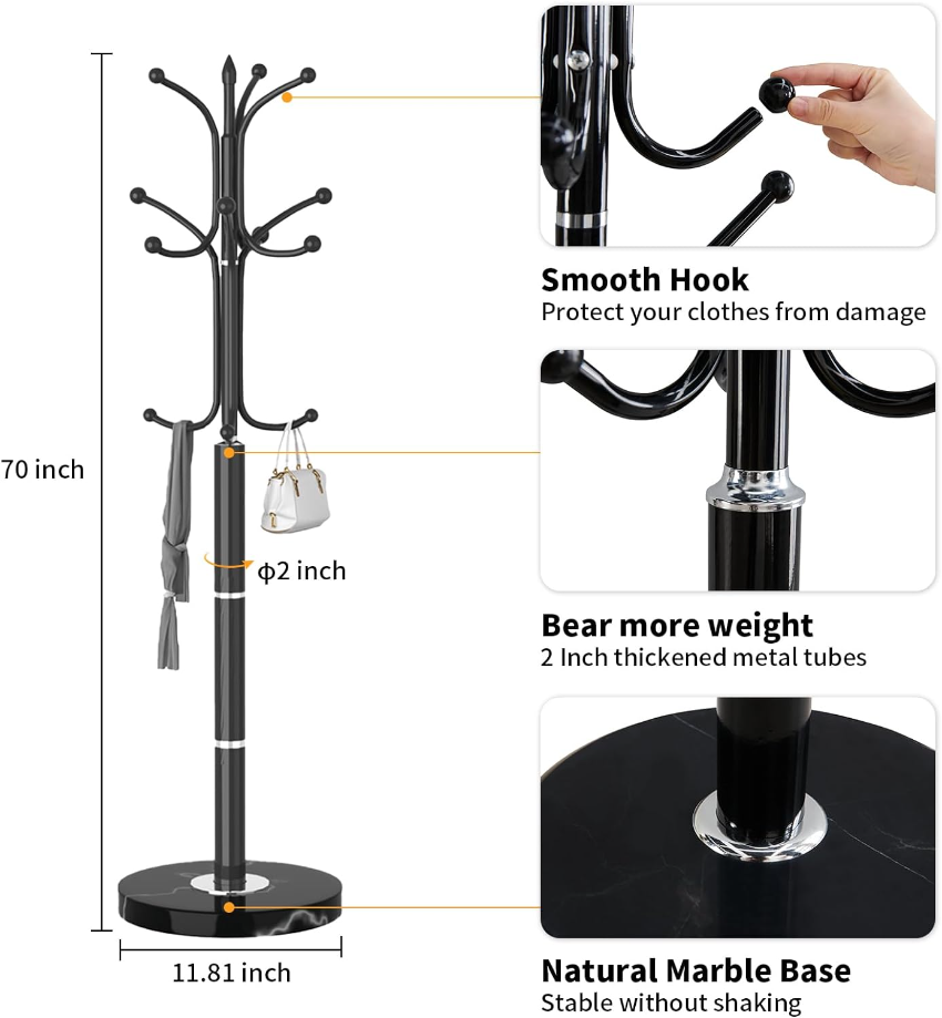 Metal Coat Rack Freestanding, Sturdy Coat Rack Stand with Natural Marble Base, Coat Tree Hats Hanger Holder for Entryway, Hallway(12 Hooks)