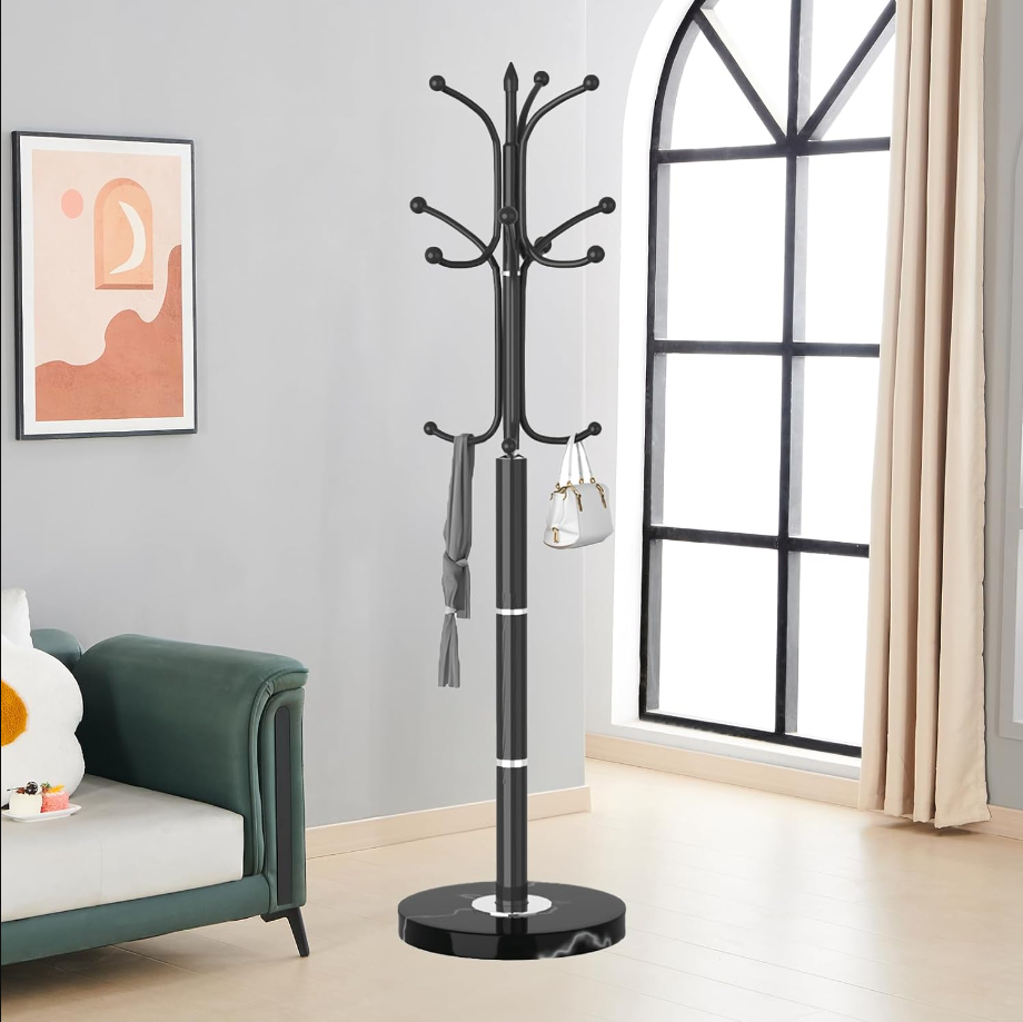 Metal Coat Rack Freestanding, Sturdy Coat Rack Stand with Natural Marble Base, Coat Tree Hats Hanger Holder for Entryway, Hallway(12 Hooks)