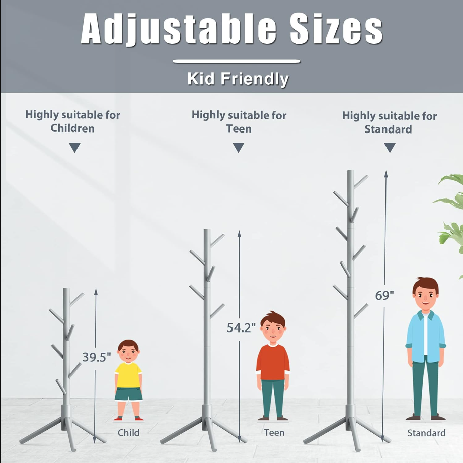 Wooden Tree Coat Rack Stand,Sturdy Freestanding Coat Rack with 8 Hooks,3 Adjustable Height for Child Adult,Wood Coat Stand Tree Fits Entryway Bedroom Office for Bags,Hats