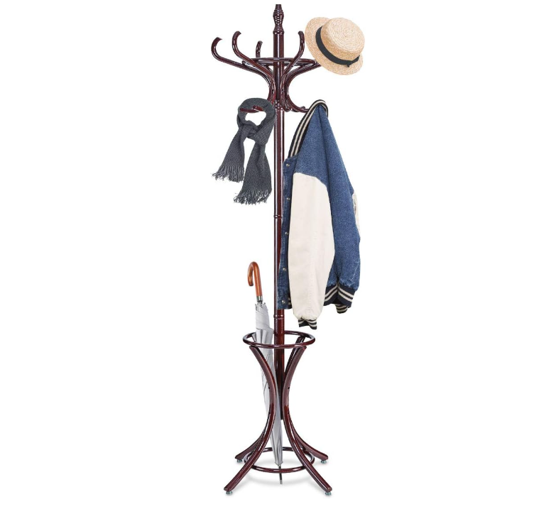 73" Coat Rack Freestanding, Wooden Coat Tree with 12 Hooks and Umbrella Stand, Entryway Hall Tree, Hat Hanger Organizer, Coat Rack Stand for Coats, Hats, Scarves, Bags, Easy Assembly, Brown