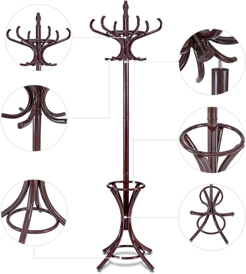 73" Coat Rack Freestanding, Wooden Coat Tree with 12 Hooks and Umbrella Stand, Entryway Hall Tree, Hat Hanger Organizer, Coat Rack Stand for Coats, Hats, Scarves, Bags, Easy Assembly, Brown