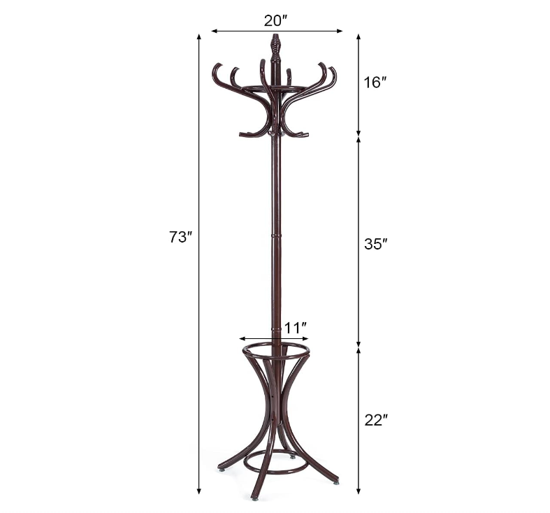 73" Coat Rack Freestanding, Wooden Coat Tree with 12 Hooks and Umbrella Stand, Entryway Hall Tree, Hat Hanger Organizer, Coat Rack Stand for Coats, Hats, Scarves, Bags, Easy Assembly, Brown