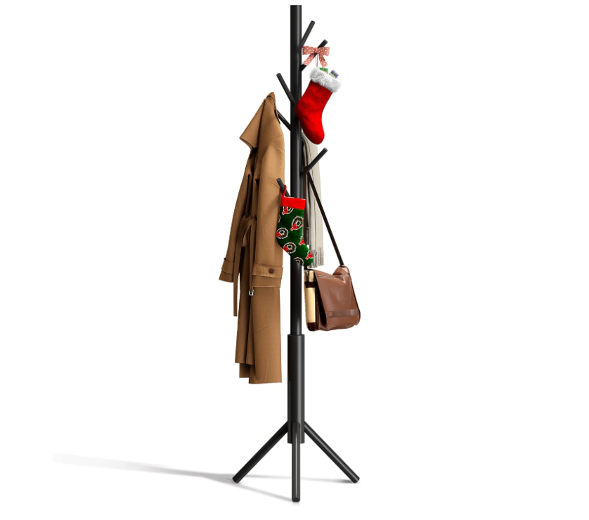 Bamboo Coat Rack Freestanding Adjustable Coat Tree with 3 Sections & 8 Hooks Easy to Assemble Coat Hanger Stand for Bedroom Office Hallway Entryway Bedroom Natural Wooden Black Coat Rack